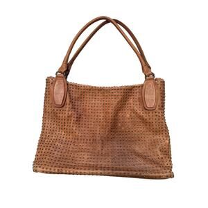 Platania Tan Italian Leather Large Studded Zip Top Shoulder Bag Tote